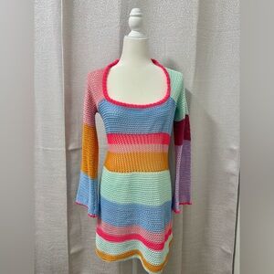 Colorful Women’s XL Striped Crochet Knit Dress Mesh Long Sleeve Brach Cover Up